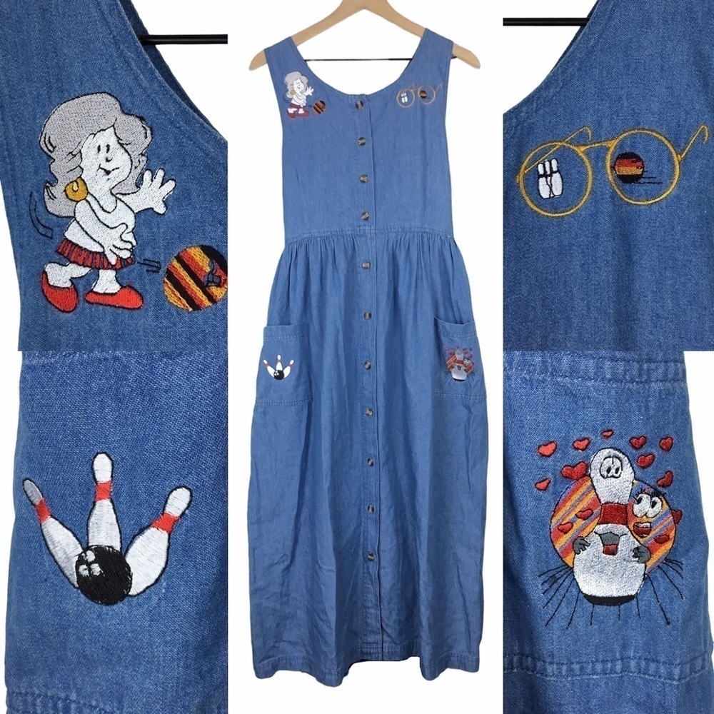 VINTAGE Dress Jumper Denim Chambray Midi Maxi Button Front Bowling Theme 90s XS